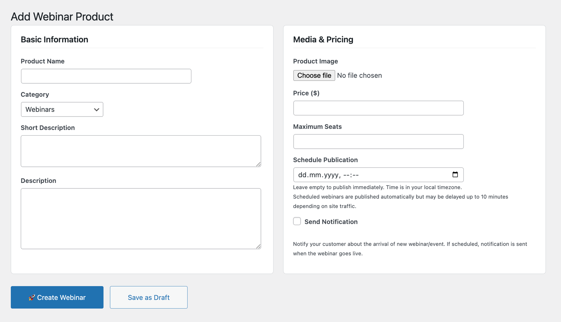 Add Webinar Product form interface showing fields for product name, category, description, pricing, maximum seats, and scheduling options