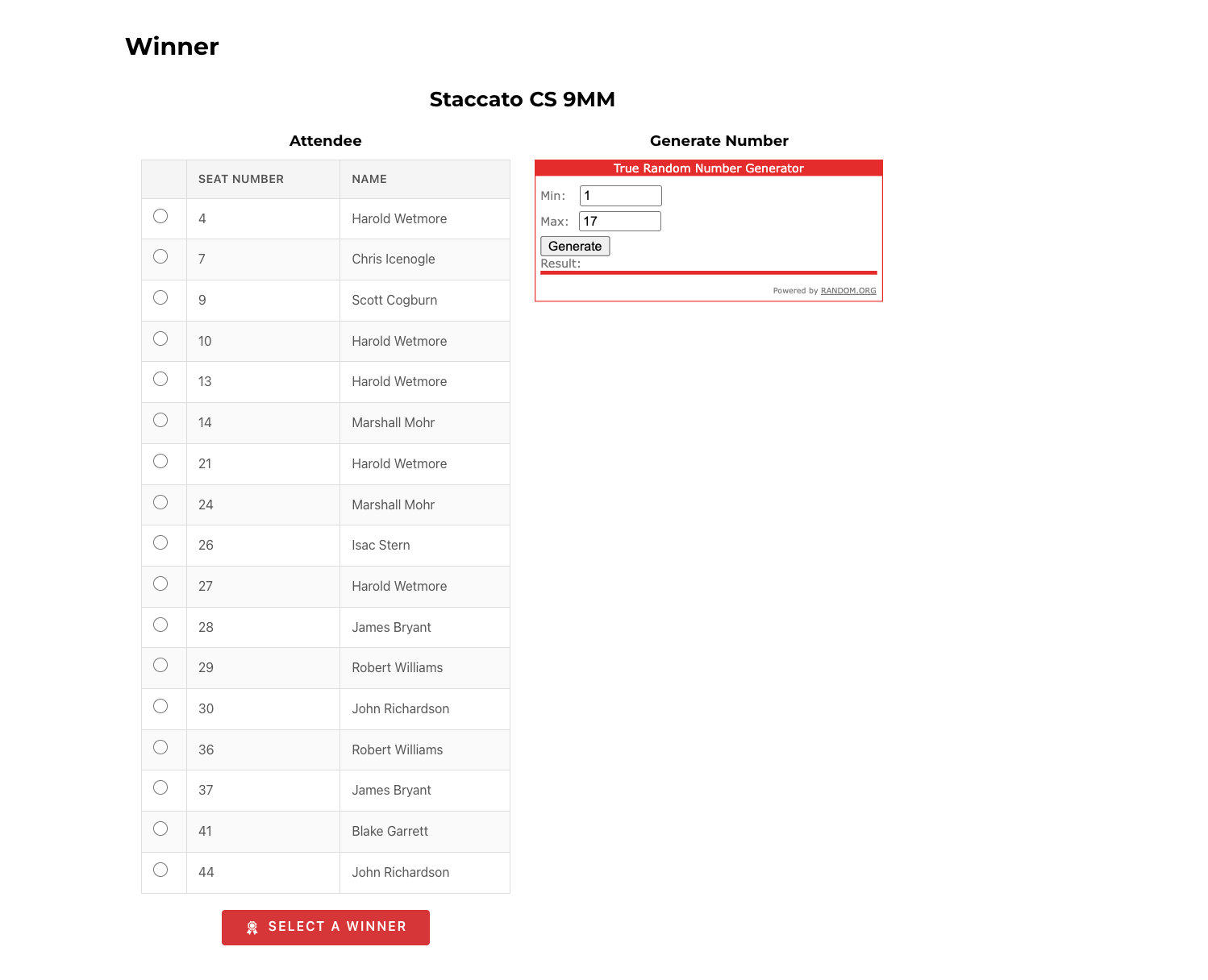 Winner selection interface showing a raffle drawing for a Staccato CS 9MM firearm, with a list of attendees and their seat numbers alongside a random number generator