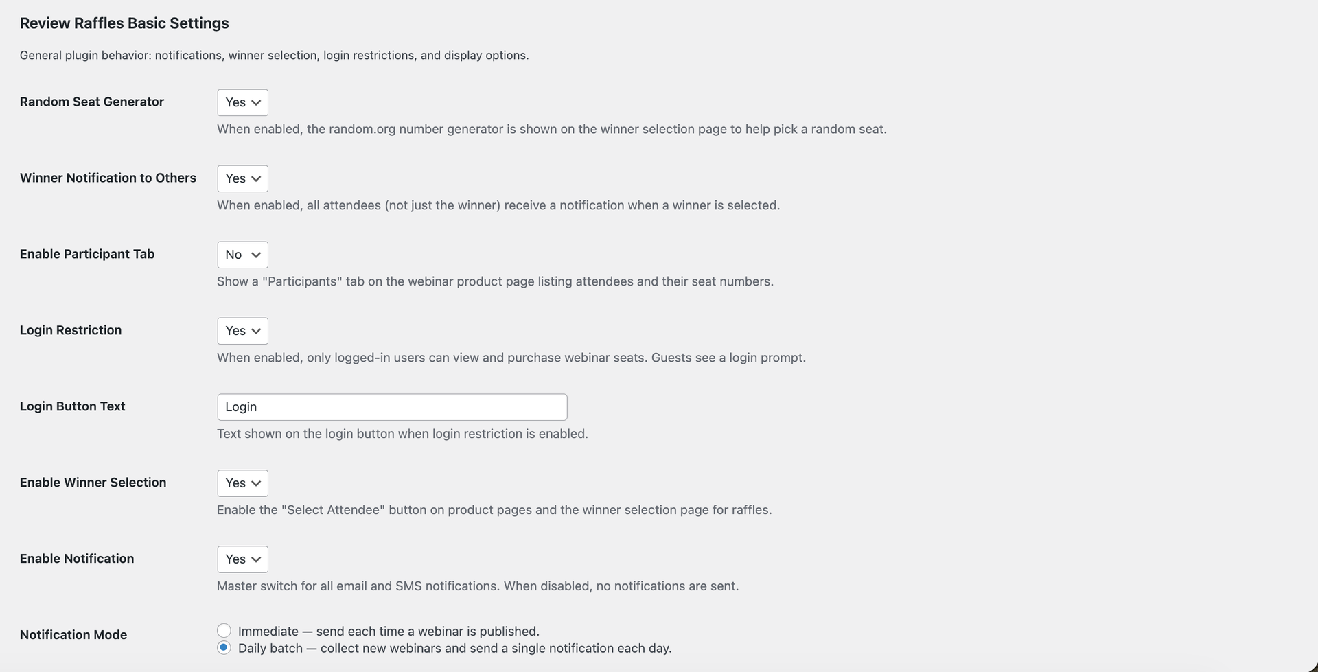 Screenshot of Review Raffles plugin settings panel showing configuration options for the webinar raffle system